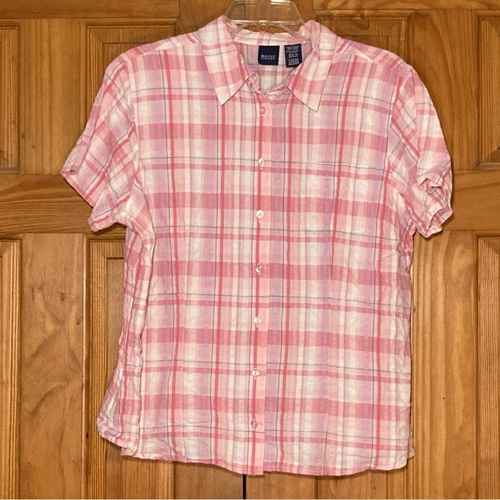 NWOT Basic Editions Vintage 90s Top Short Sleeve Blouse Plaid Pink White Size XL